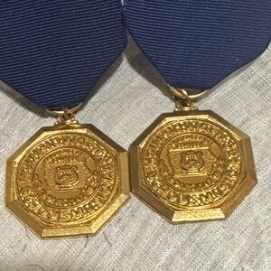 Vintage Gold-like High School Division 1 Music Medals on Blue Ribbons